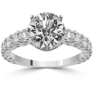 14K Solid White Gold Diamond Solitare Ring With Side Accents 3.39 Ctw